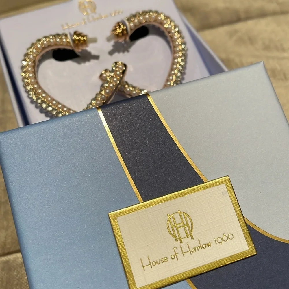 House Of Harlow 1960 Pearl & Glass Open Heart Earrings New In Box